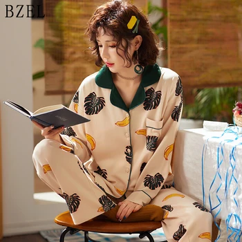 

BZEL Cotton Pajamas Sets Long Sleeve Sleepwear Turn-down Collar Sleep Lounge Casual Pijama Mujer Cartoon Pyjamas Women Underwear