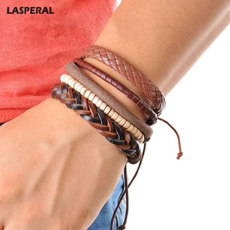 

LASPERAL 1Set (3-4PCs) Leather Bracelet Men Multilayer Bead Bracelet Punk Wrap Bracelets for Women Vintage punk Men Jewelry