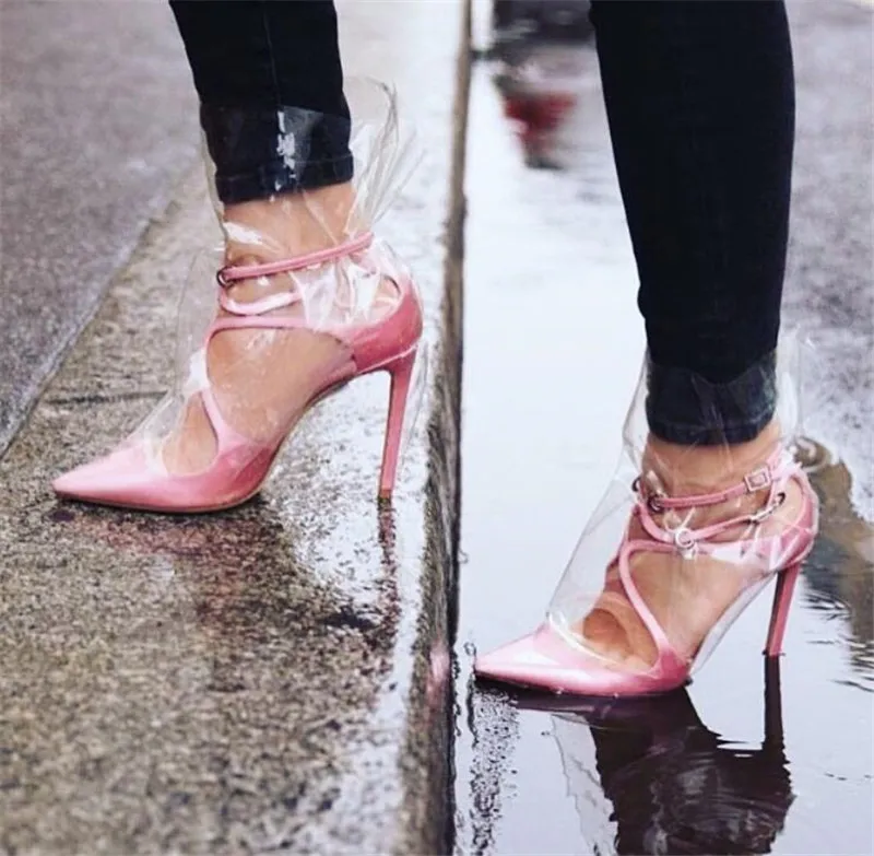 Новые модные женские туфли острый носок прозрачный ПВХ Caged Pumps бретельки перекрещиваются уникальный Дизайн на высоком каблуке