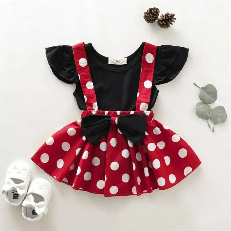 

2019 New Toddler Kids Baby Girl Clothing Flying Sleeve T-Shirt Top Polka Dots Bow Bib Skirts Dress Outfit Clothes Set 6M-3Y