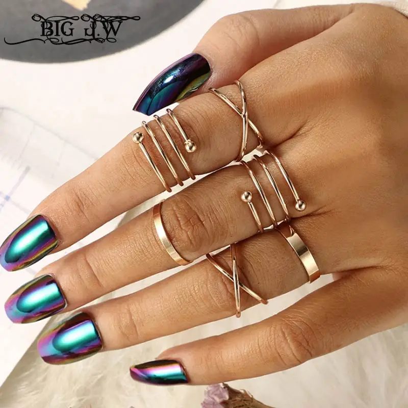 

BIG J.W 6 Pcs/Set Simple Design Round Gold Color Rings Set For Women Layered Geometric Finger Ring Set Women's Decoration