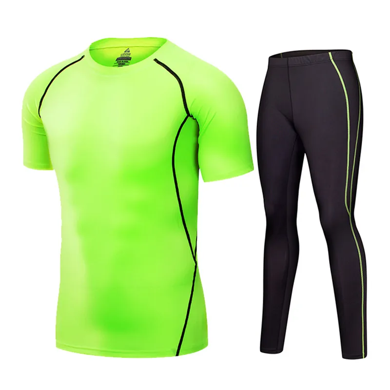 2017 Mens Skin Tight Fitness Compression Sets Short Sleeve Running T Shirts + Pants Set Jogging Suits | Спорт и развлечения
