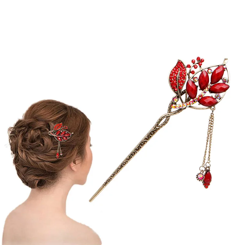 

Women Elegant Charm Red Leaf Bobby Pin Fashion Hairpin Rhinestone Hair Stick
