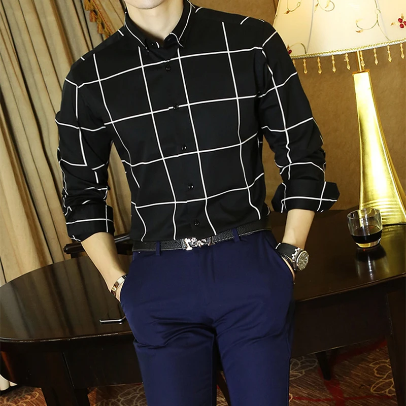 Elonglin Mens Stylish Checkered Shirt Long Sleeve Cotton Casual Plaid Shirt Dress Shirt