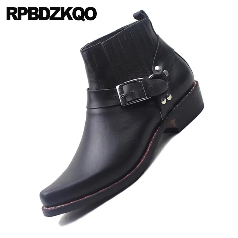Mariage En Carré Taille Chaussures Robe Pleine Bout Hommes Formelle De Plus Top Bottes Haute Cheville Harnais Chaussons Fleur Noir La Chunky Réel Cuir OkwPn0