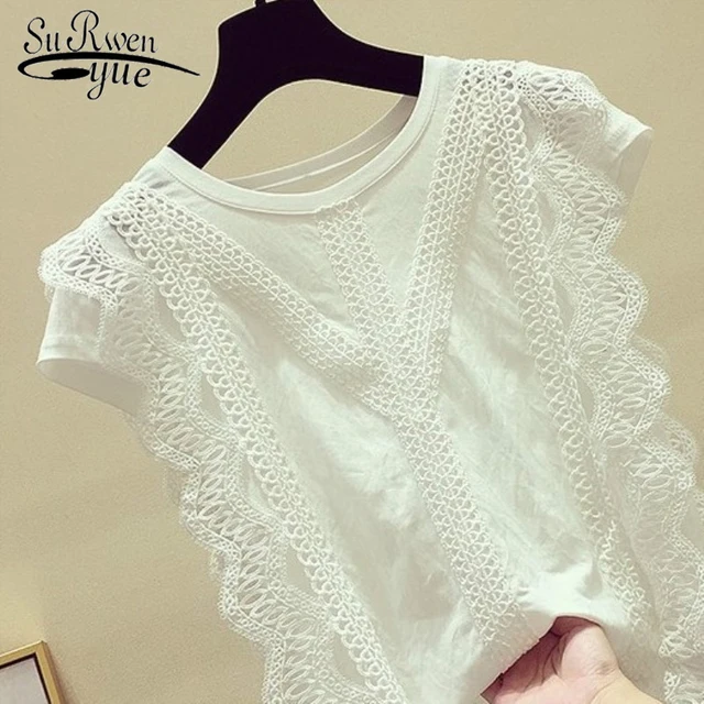 US $9.21 Korean Fashion Clothing Plus Size Solid Shirt Women Blouse Summer 2020 Womens Tops and Blouses Lace