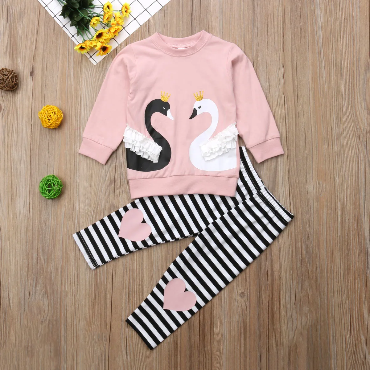 От 1 до 6 лет-осенние милые комплекты одежды для маленьких девочек 2 предмета, пуловер с длинными рукавами и принтом лебедя розовый свитер+ штаны в полоску