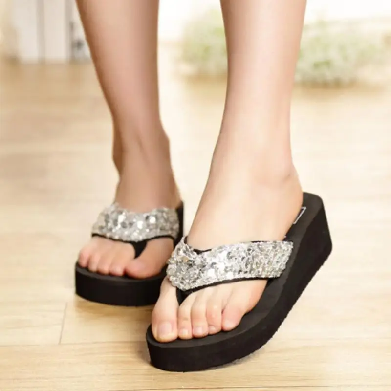 

Summer Women Sequins Beach Slippers Casual Non-Slip Flip Flops Sandals Female Wedges Platform Slippers zapatos mujer