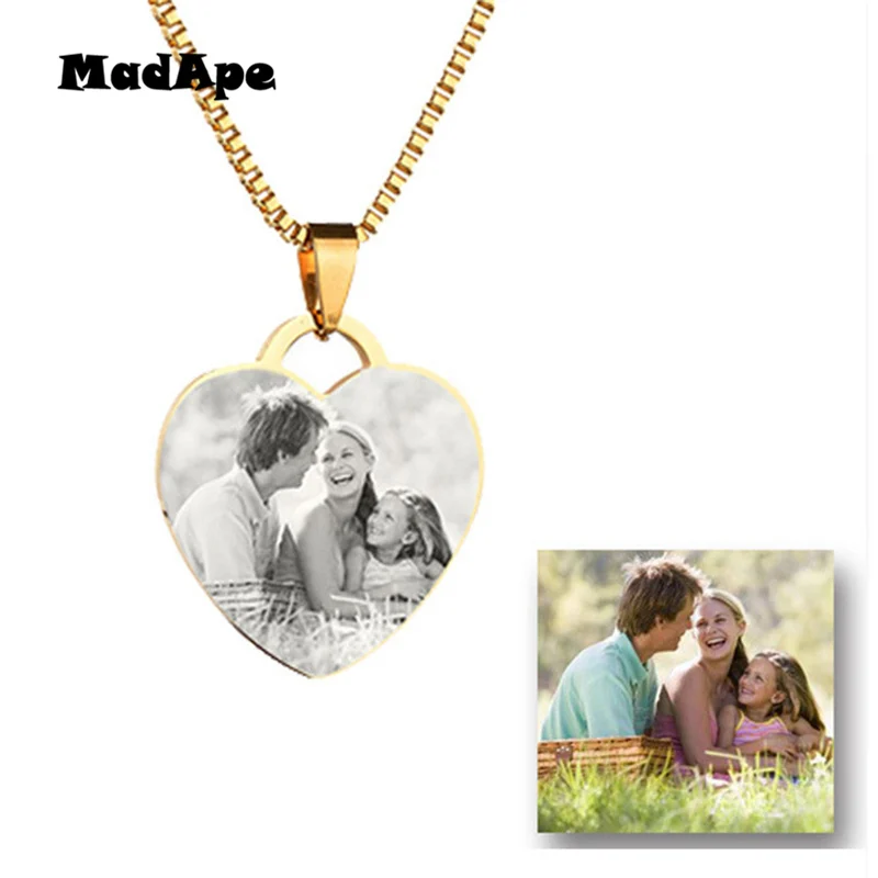 

MadApe Custom Stainless Steel Neckalce Engraved Photo Words Name Necklace Heart Pendant Chain Jewelry For Women And Men 32*31mm