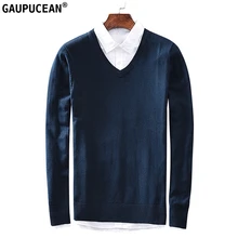 Хлопок антистатические анти-пилинг мягкий человек длинный рукав полный вязаный пуловер сплошной темно-синий трикотаж v-образным вырезом мужской свитер