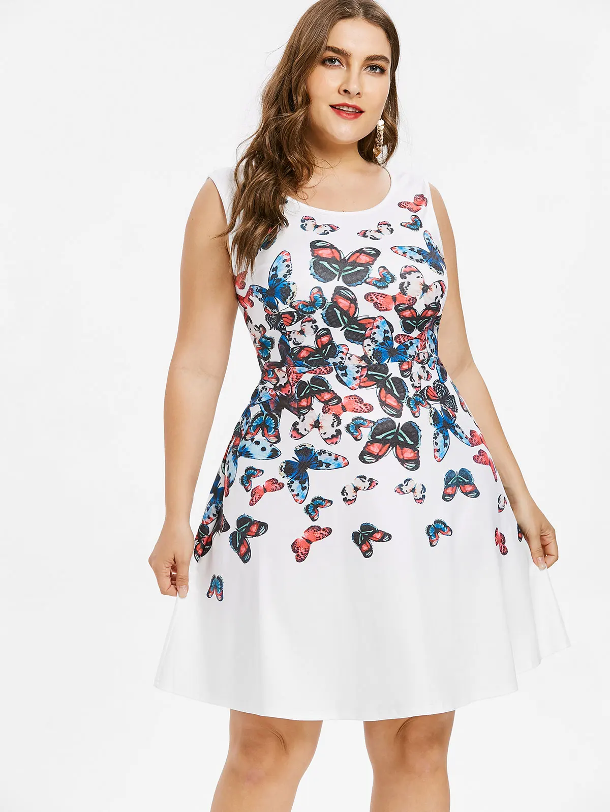 Gamiss Plus Size Butterfly Print A Line Dress Summer O Neck Sleeveless
