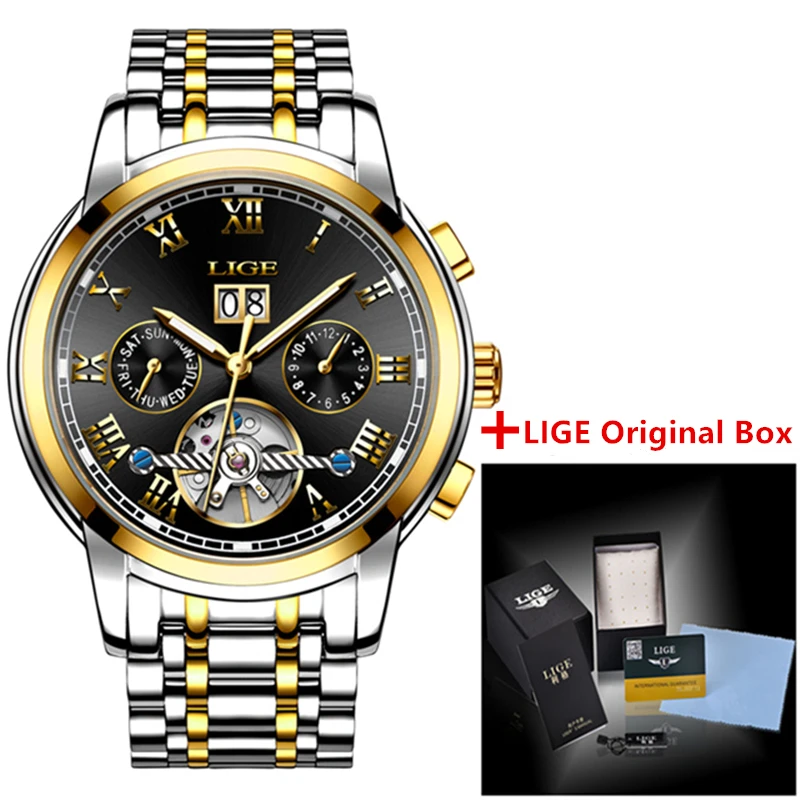 LIGE Mens Watches Top Luxury Brand Automatic Mechanical Watch Men Full Steel Business Waterproof Sport Watches Relogio Masculino