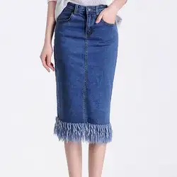 2018 г. новые женские узкие джинсовые юбки шаг хип Тонкий бахромой модные юбка длиной до колена