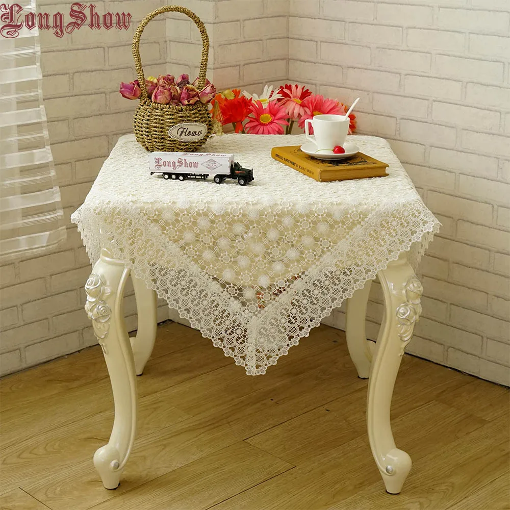 

LongShow Home Decorative Floral Style Luxury Hollow-Out Endless Design 90x90cm Square Pure White Embroidered Tablecloth
