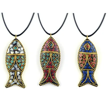 

Handmade Fish Nepal Pendant Necklaces Rope Chain Ethnic Style Animal Seather Necklaces For Women