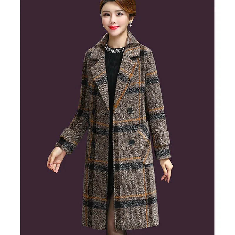 

New Autumn Winter Wool Women Plaid Pockets Blends Office Work double breasted Long Coats Casual Lady Slim Long Sleeve Jacket