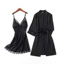 Сексуальная черная женская одежда для сна, набор летних шелковых пижам и халатов, костюм, повседневное кимоно, банный халат ночная сорочка, мини домашний халат