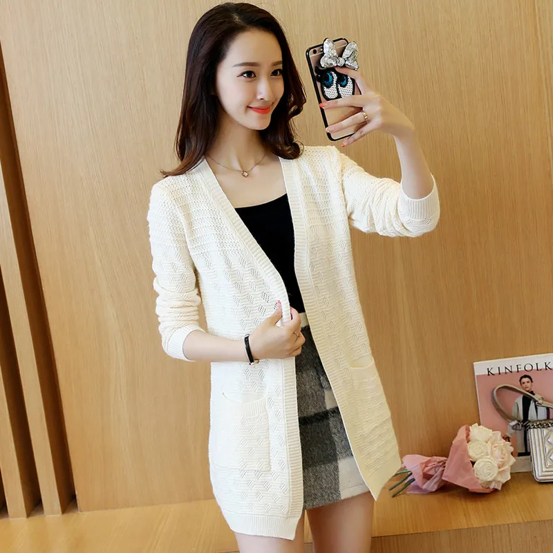 Best Price In the long sleeved cardigan sweater lady pierced a loose sweater coat pocket spring 2017 all-match