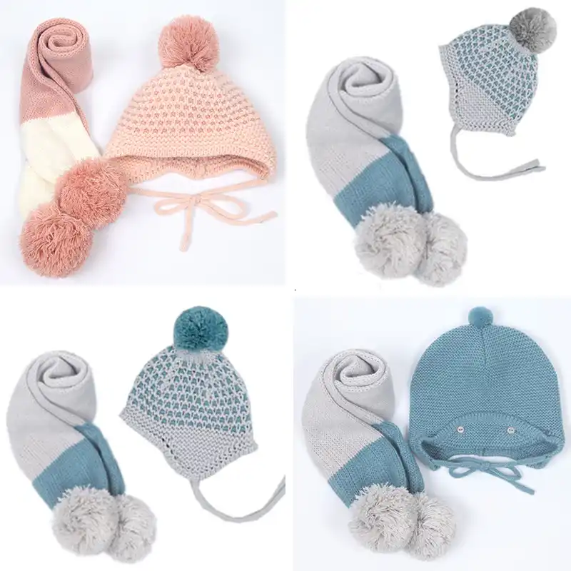 2 Pcs Baby Winter Warm Fur Ball Knitted Beanie Ear Protect Cap O Ring Scarf Set
