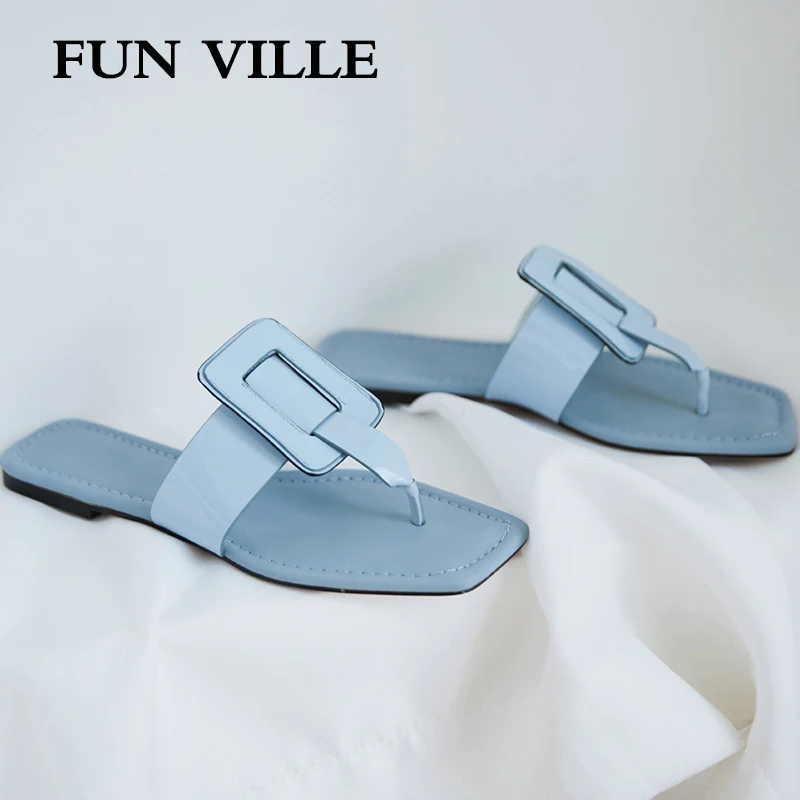 

FUN VILLE New Fashion Summer Flip Flops Patent Leather Women Outside Slippers Woman Flat Shoes Sweet Female shoes Home Slippers