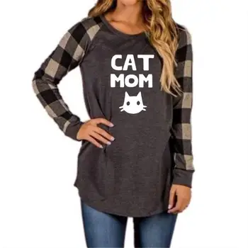 

2019 New Fashion Plaid Stitching Long Sleeves Cat Mom Print for Women Top T-Shirt Female Tshirt Femme Summer Mother's Day
