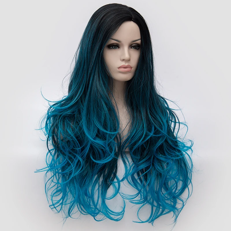 Kaufen Similler 26 zoll Hitzebeständige Faser Haar Dunkle Wurzel Ombre Blau Highlight Körper Welle Synthetische Perücke Für Frauen Cosplay