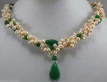 3 ряда розовый культивированный жемчуг зеленый камень любви капли слезы Подвески Цепочки и ожерелья белый покрытием Свадебные широкий часы крылья королева