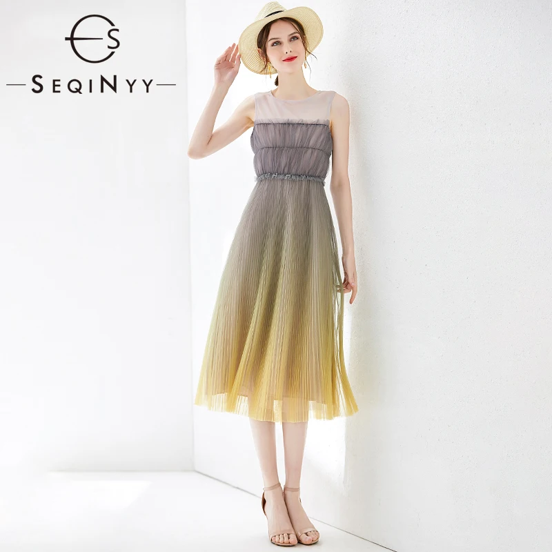 

SEQINYY Gradient Dress Grey Yellow Printed 2019 Summer New Fashion Design Women High Street Pleated Mesh Midi Vest Dress