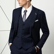 Новое поступление, на заказ, тонкая посадка, синяя полоска, шерсть, две пуговицы, пиковые, широкие, с отворотом, двойное отверстие, с 5 пуговицами, жилет, 3 шт., костюм для мужчин