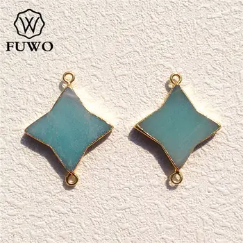 

FUWO Natural Amazonite Connector Pendant 24K Gold Color Plated High Quality Semi-precious Stone Charm For Jewelry Making PD067