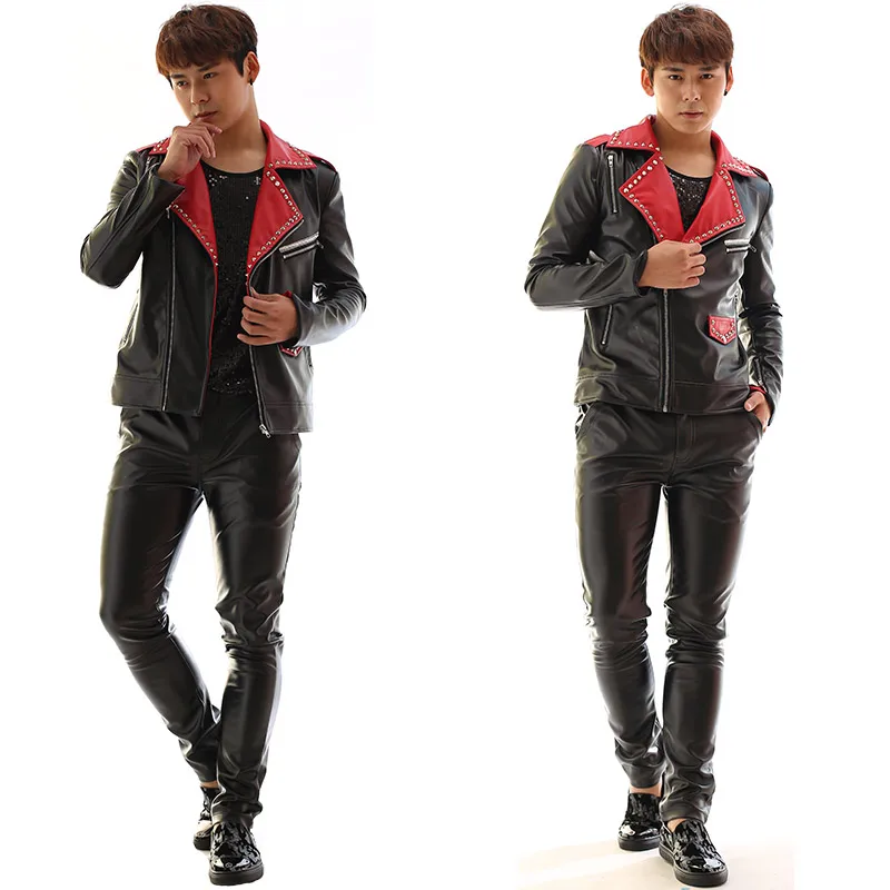 Мужская куртка на заказ черная приталенная из искусственной кожи с заклепками