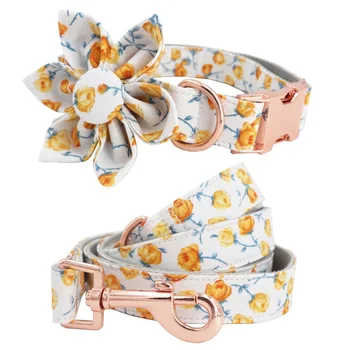 

girl dog collar and leash set with flower for big and small dog cotton fabric collar rose gold metal buckle