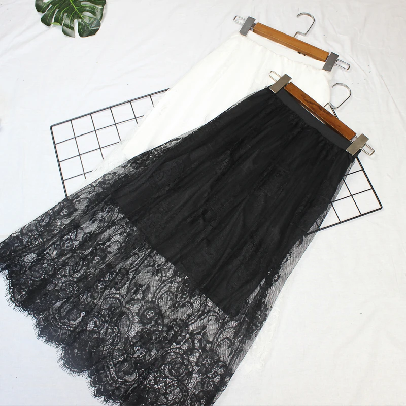 Women Summer Sexy Lace Mesh Long Midi Skirt Casual Vintage High Waist Hollow Out Slim All-Match Lining Black White Skirt 210