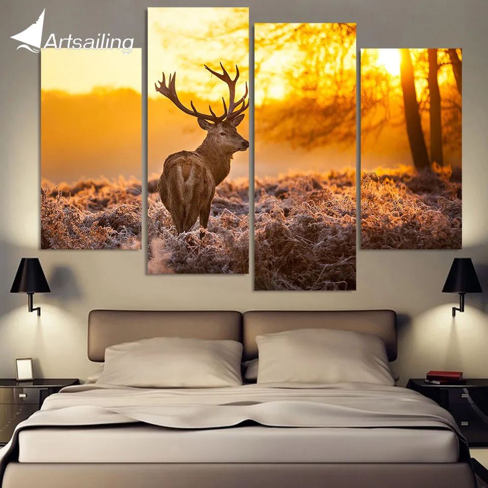 4 Panel Canvas Art Canvas Painting Reindeer Wildland Sunset HD Printed