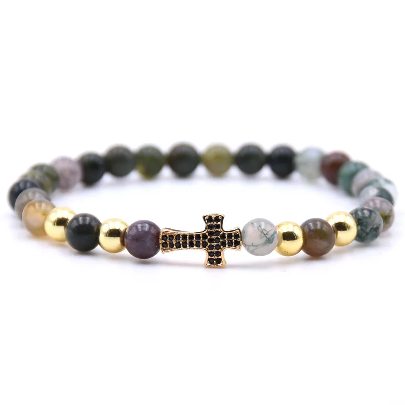 

KANGKANG 2018 popular color Natural Stone 6mm Bead Bracelet Cross Micro inlay Zirconia bracelet men women charm Jewelry