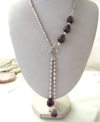 

FREE SHIPPING>>>@@ > N1576 Lavender Rainbow Rice Freshwater Pearl&Faceted Drip Amethyst Necklace