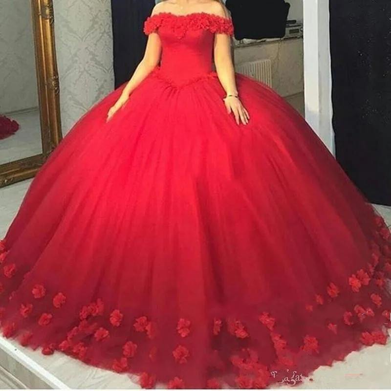 

Red 3D-Floral Appliques Puffy Ball Gown Quinceanera Dresses Sweet Off Shoulder Lace Up Back Party Gowns Pageant