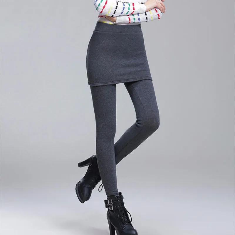 

Cold Winter Lady Warm Black Leggings Plus Size S-4XL Add Fleece Skirt + Long Trousers Women