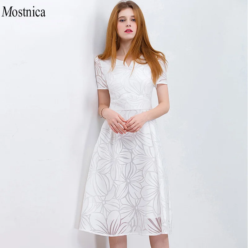 

Mostnica Sweet Floral Ladies White Dresses for Summer Short Sleeves Elegant Princess Empire Waist Party Sundresses for Women