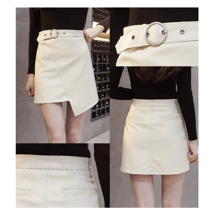 SWYIVY/Женская юбка, осенняя Милая Черная юбка из искусственной кожи, трапециевидная мини-юбка с асимметричными поясом, дизайнерские шорты