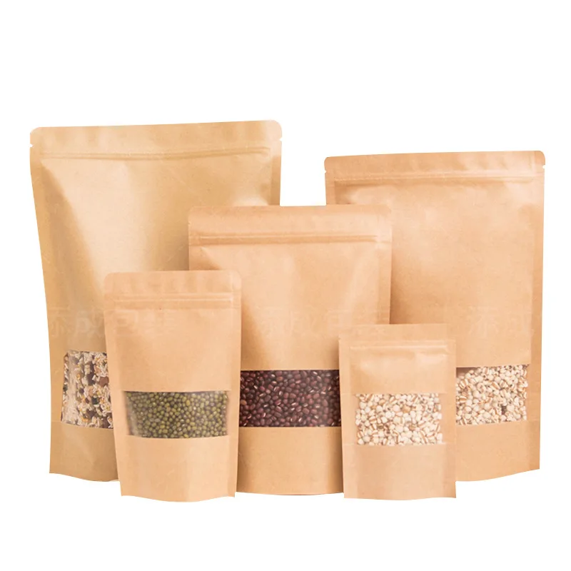 50pcs Thick kraft paper bag window zipper ziplock stand up gifts red dates walnut nuts dry goods ...