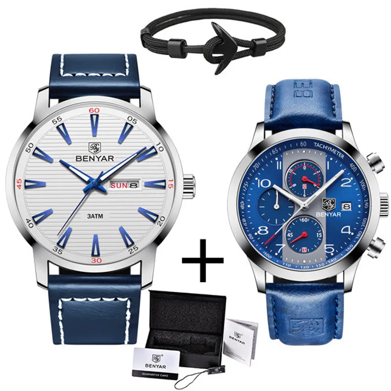 

BENYAR Top Brand Quartz Waterproof Chronograph Business Luxury Military Sport Leather Strap Mens Watches montre homme+Box+Gift