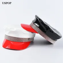 USPOP New PU hats for women patchwork newsboy caps diamond flat top visor caps winter fashion military caps