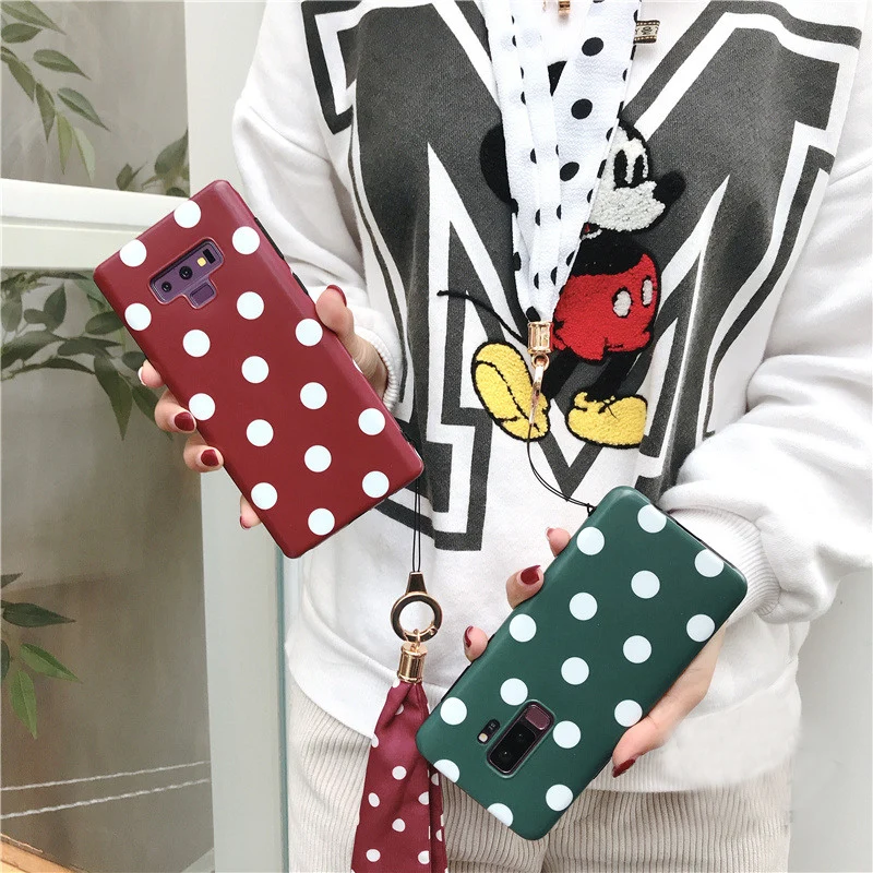 

Sam S10 plus Retro polka dots pattern Soft case For Samsung galaxy S8 S9 plus Note 8 note9 soft back cover +strap