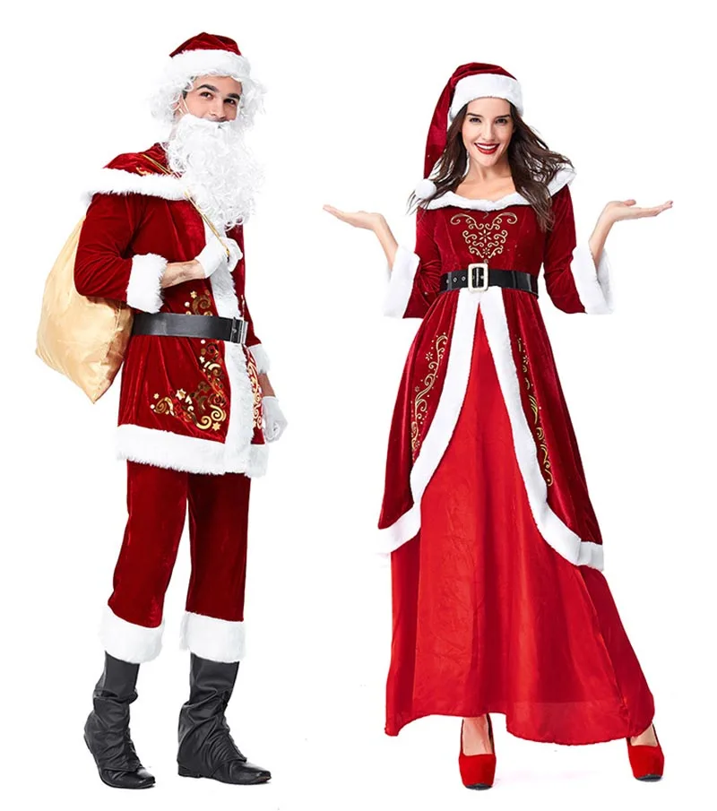 Пары Рождество Санта Клаус косплэй костюм для взрослых и миссис Клаус Deluxe женщина/для мужчин нарядное платье плюс размеры 2XL