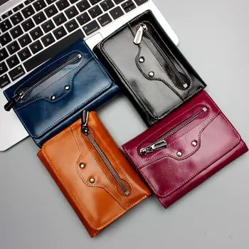 

Shine Cowhide Oil Genuine Leather Locomotive Style Women Wallet Purse Large Capacity Zipper Design Coin Pocket Money Bag