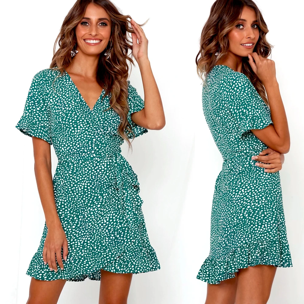 

Women Wrap Summer Boho Floral V-Neck Short Mini Dress Ladies Holiday Beach Sundress