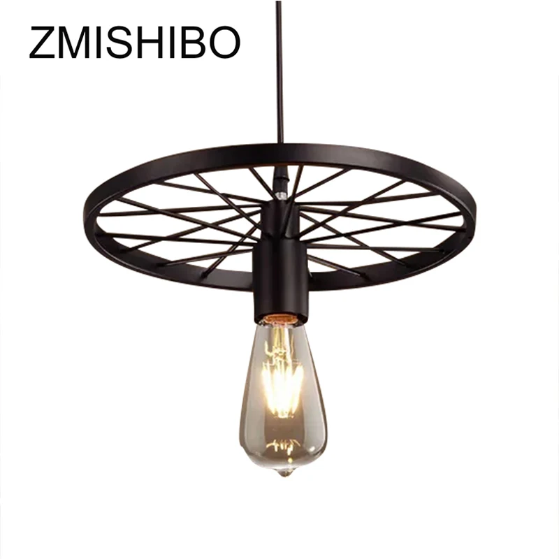 

ZMISHIBO Vintage Wheel Pendant Lamp Iron Black Rusty E27 110V 220V 30CM LED Dimmable Droplight ST64 2200K 4W For Bar Restaurant