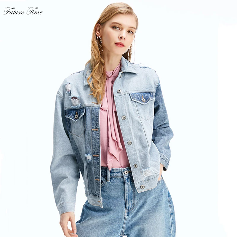Women Denim Jacket Coat Blue Black Autumn Casual Turn Down