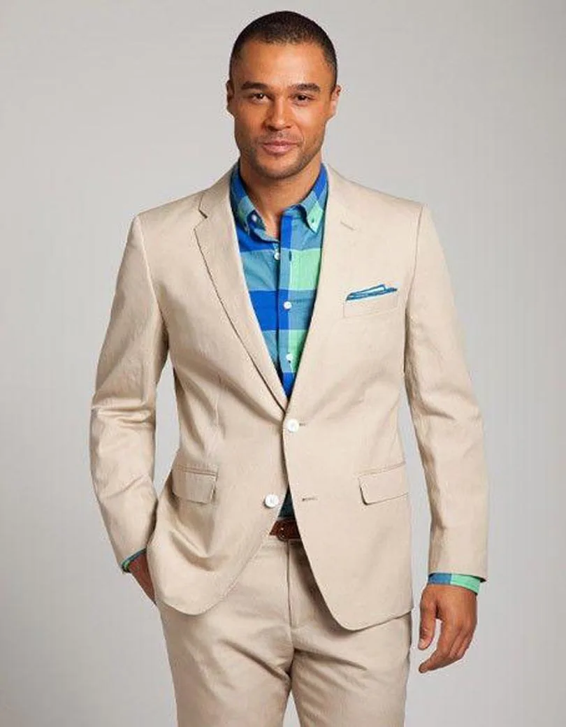 Custom Linen Men Suits Beige Mens Wedding Suits Tuxedos Notched Lapel